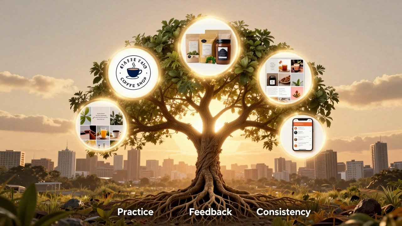 Портфолио как дерево с проектами-ветвями, растущее к городу возможностей, в золотистом свете.