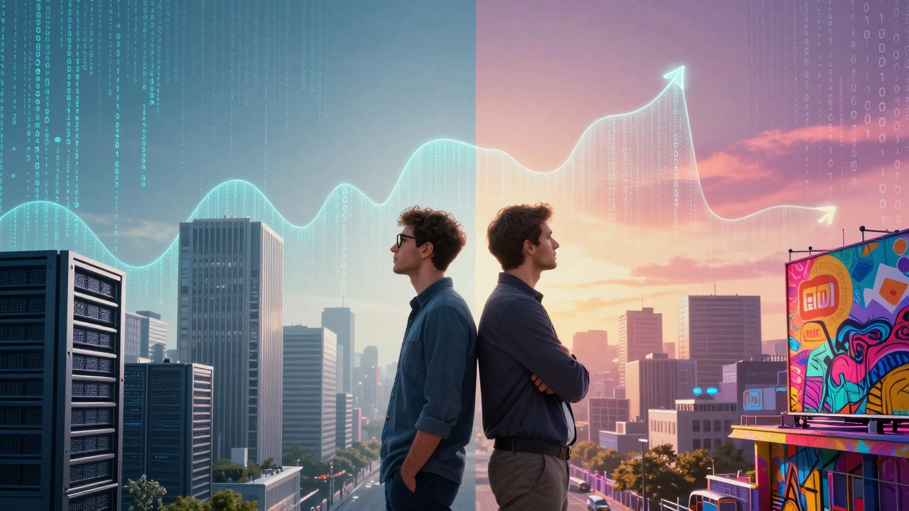 Программист и дизайнер стоят спиной друг к другу, символизируя разные пути карьеры в городском пейзаже.