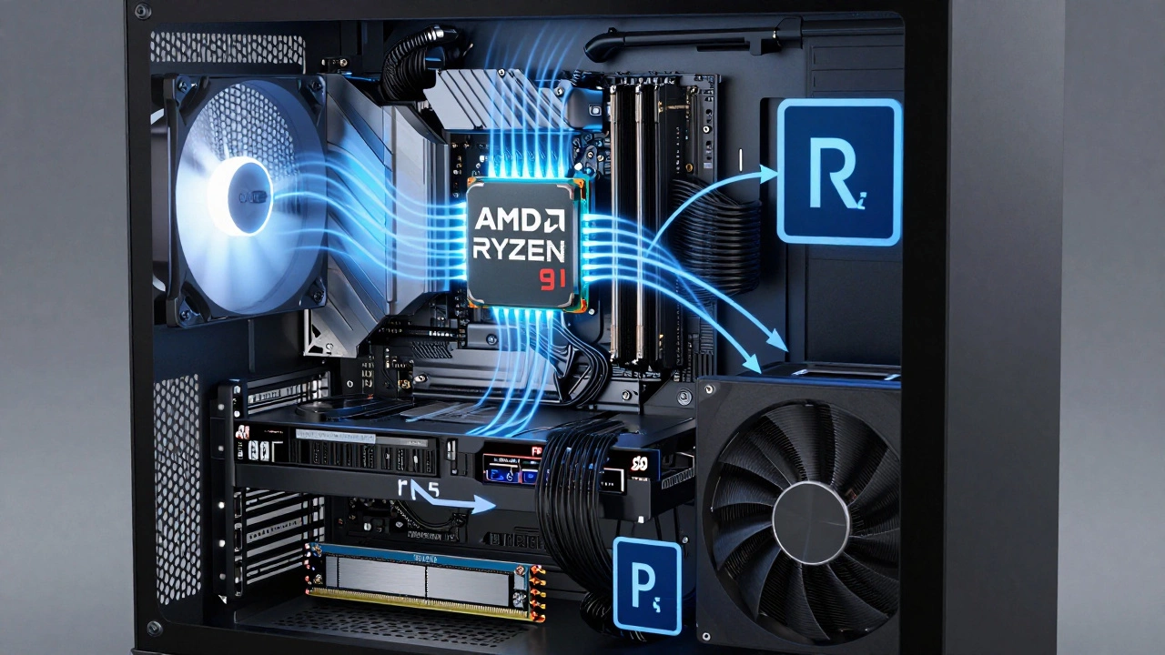 Прозрачный ПК с процессором Ryzen 9 7950X, видны охлаждение, оперативная память и SSD, потоки данных.