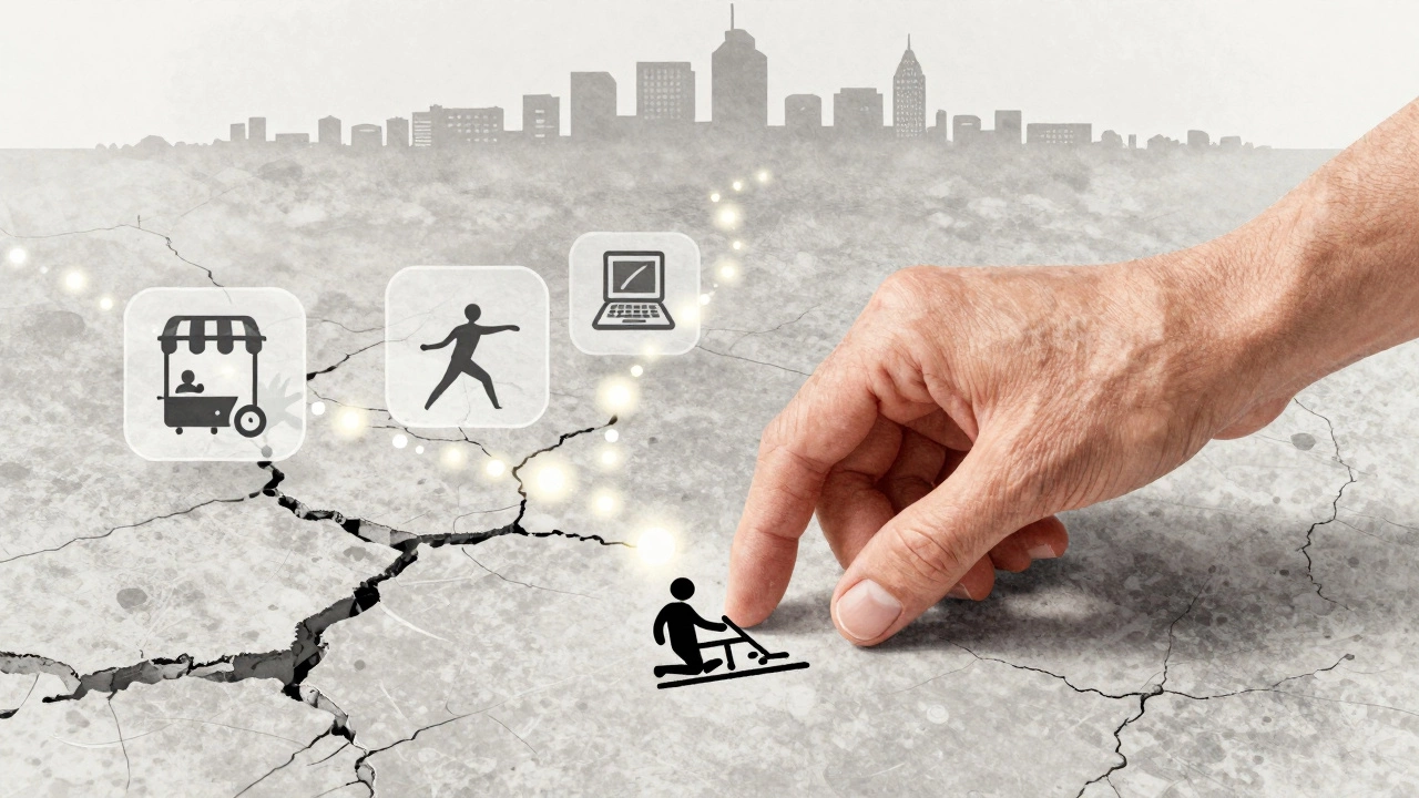 Рука кладет рисунок логотипа на землю, над ним парят символы кафе, фитнеса и курса — путь к новой жизни.