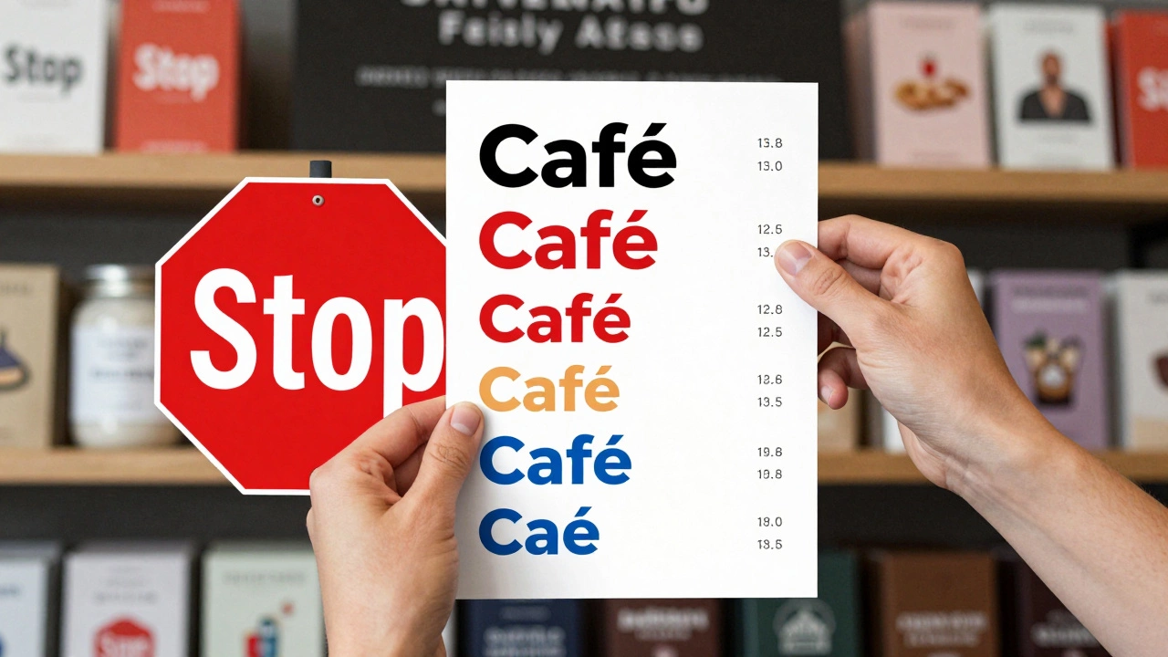 Руки дизайнера размещают знак 'Стоп' и меню кафе с четкой визуальной иерархией.