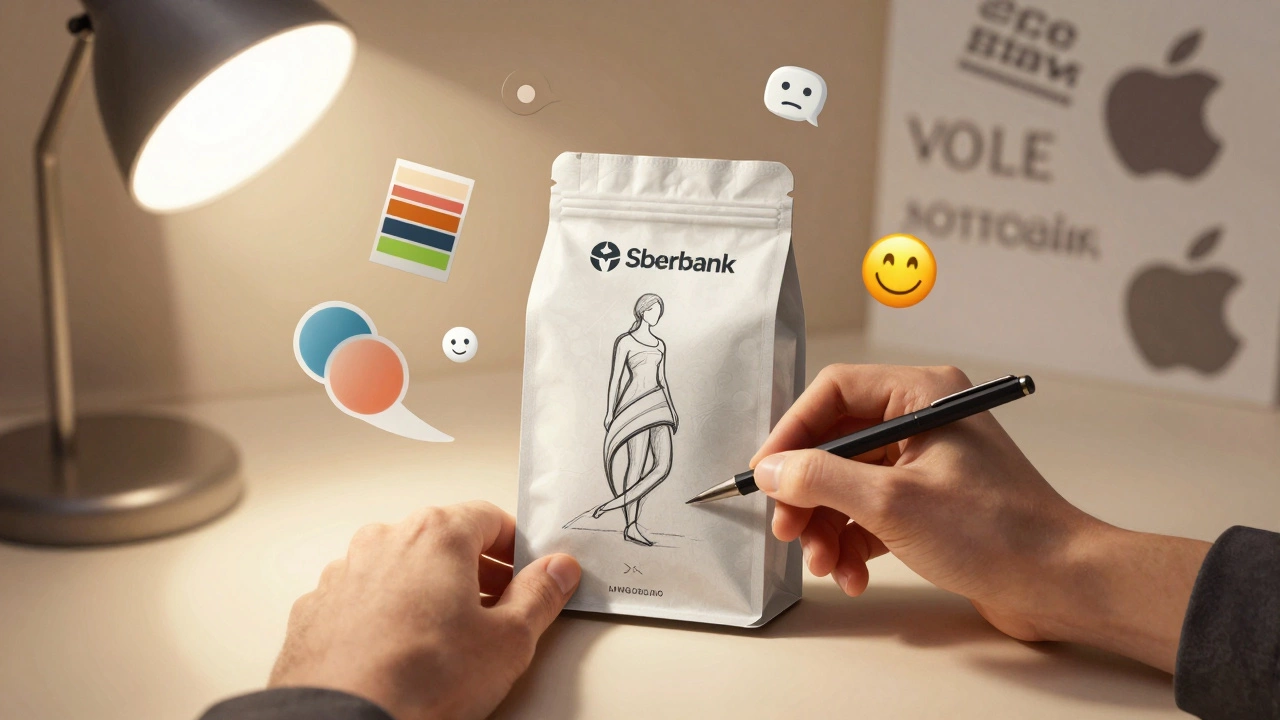 Brand designer creating premium packaging with floating visual identity elements