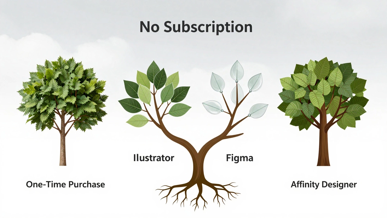 Дерево с четырьмя ветвями, символизирующими Photoshop, Illustrator, Figma и Affinity Designer, без подписок.