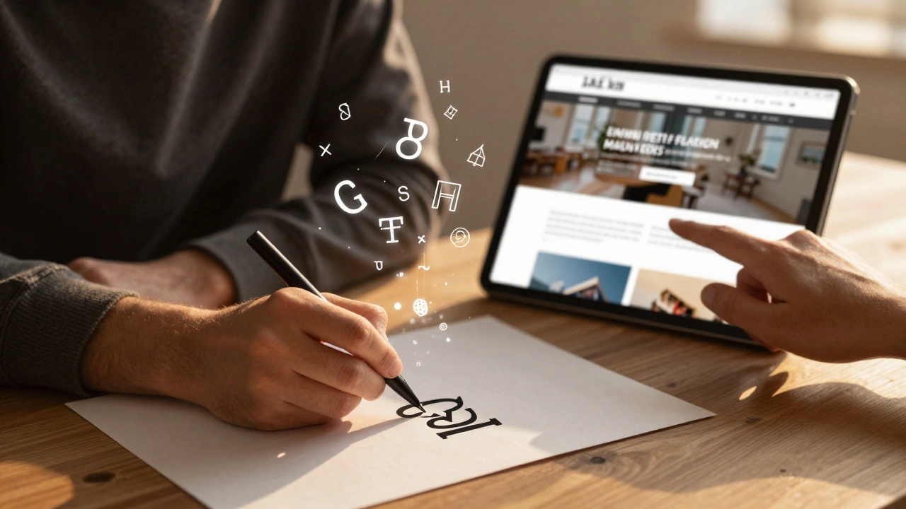 Дизайнер держит в руках логотип на бумаге и интерфейс на планшете, символизируя слияние графического и веб-дизайна.