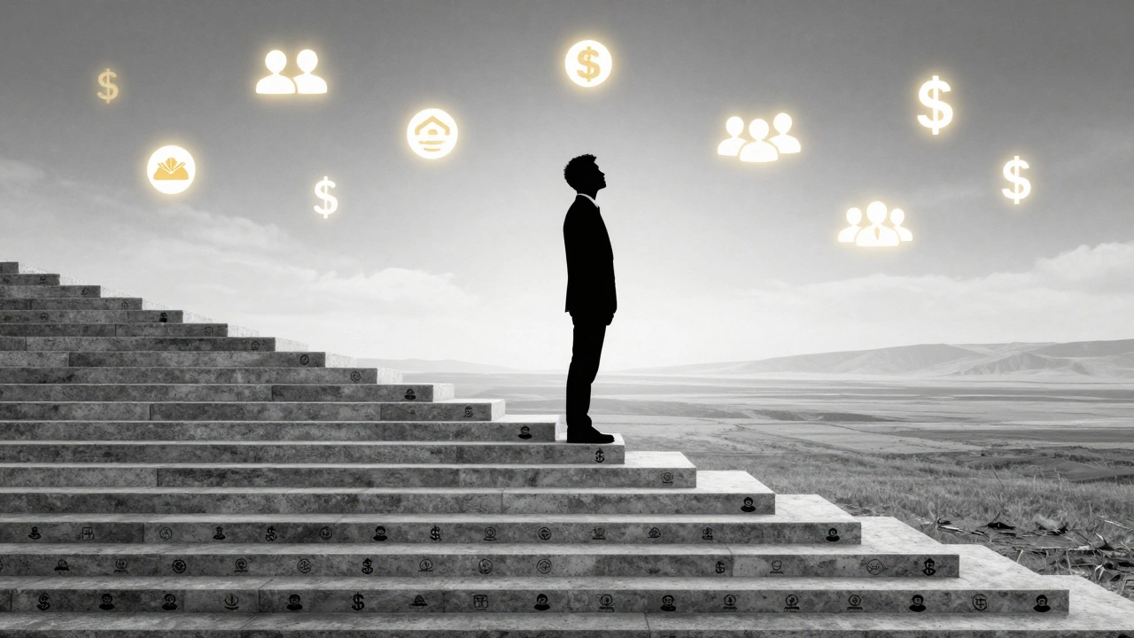 Дизайнер на лестнице из 120 логотипов смотрит вдаль — путь от практики к заработку.