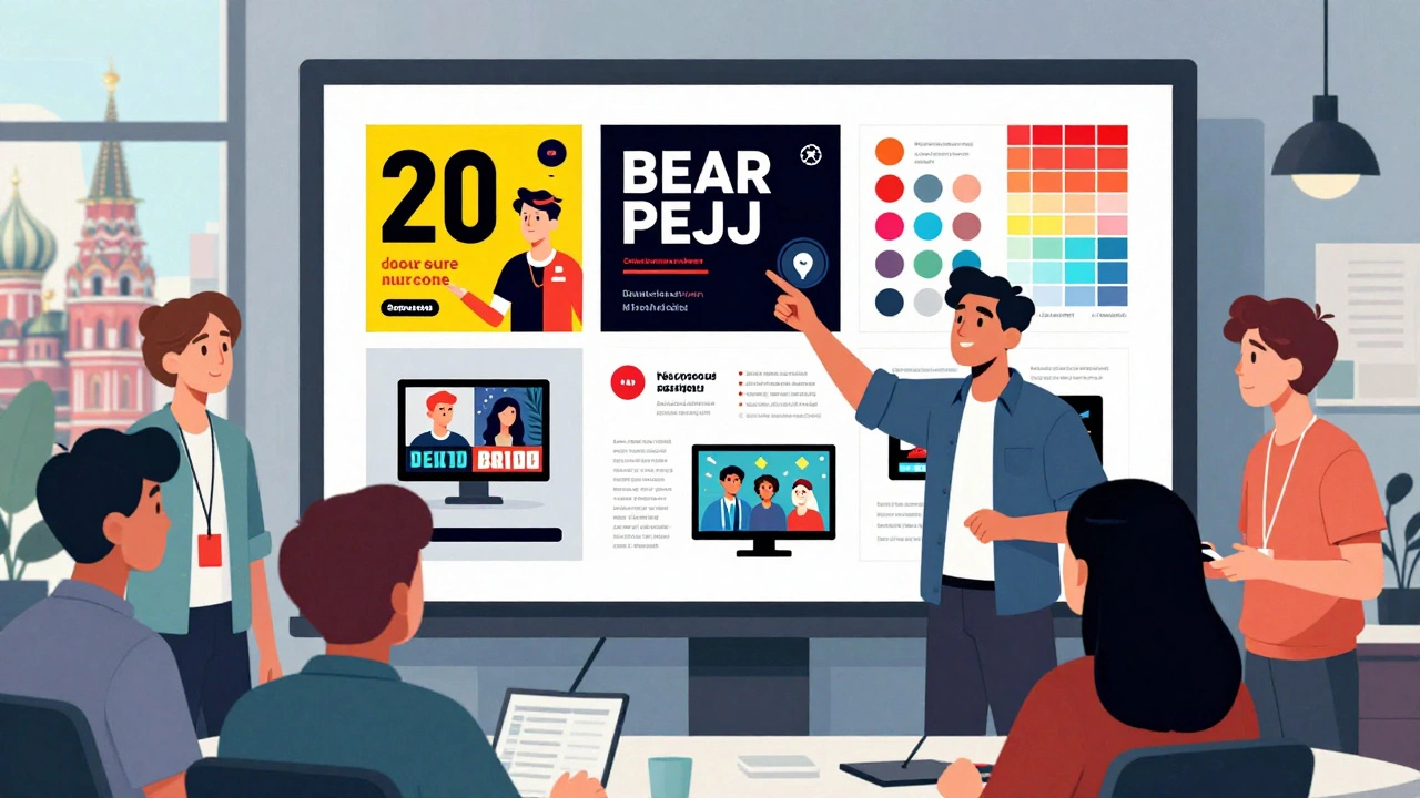 Дизайнер в рекламном агентстве обсуждает кампанию с командой, на экране — баннеры и соцсети.