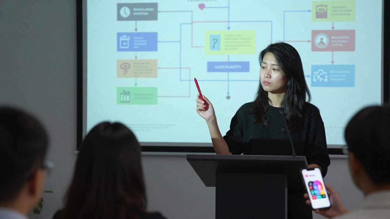 Дизайнер выступает перед клиентами, за ним — проекция множества цифровых платформ и проверок доступности.