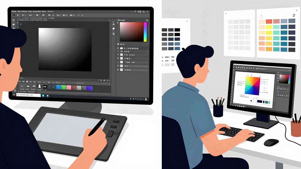 Два дизайнера: один в Affinity Designer, другой в типографии с CorelDRAW — вектор и печать в одном кадре.