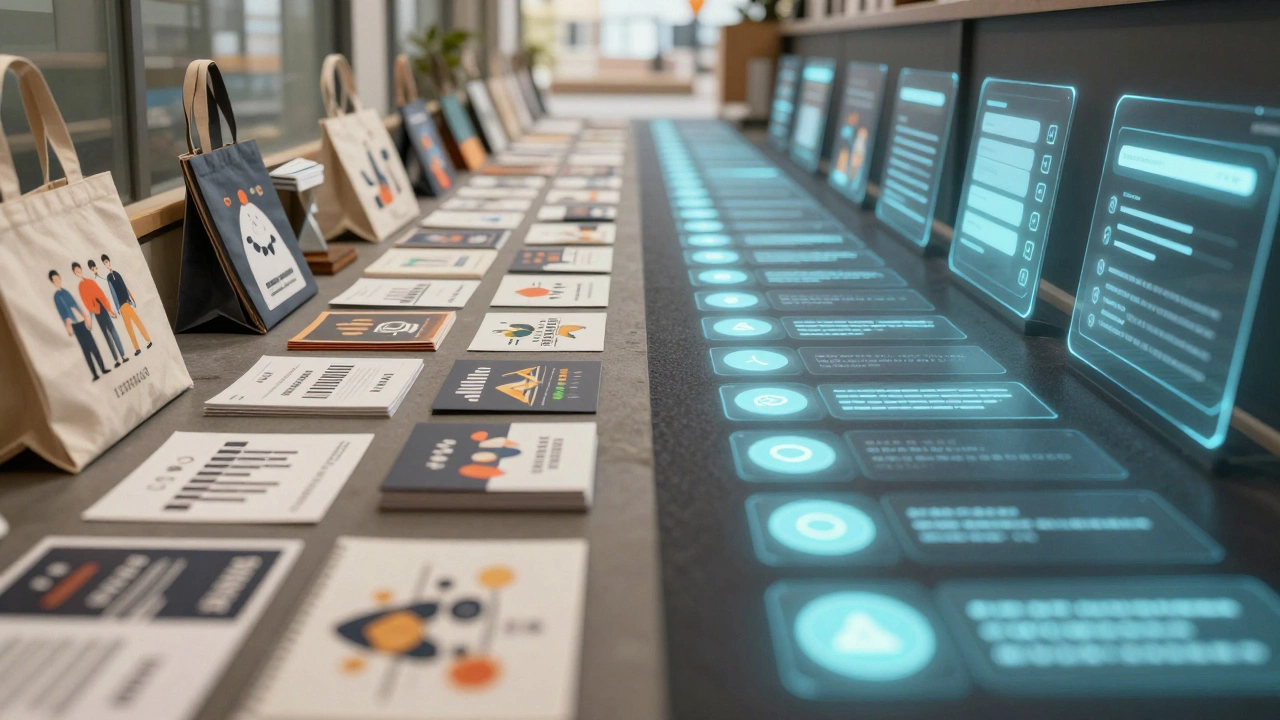 Два пути дизайна: один — с печатными продуктами под естественным светом, другой — с цифровыми интерфейсами под экранным свечением.