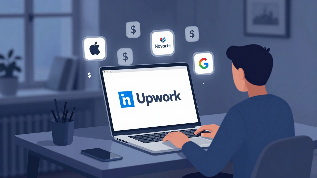 Фрилансер в Санкт-Петербурге работает с международными клиентами через ноутбук.