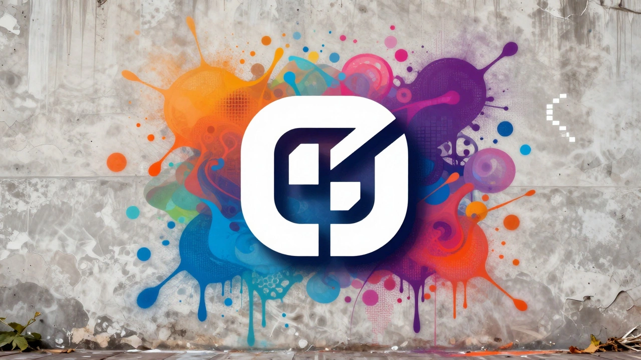 Граффити-стена с неомодернистским логотипом, сочетающим брызги краски, пиксельные детали и органические формы.