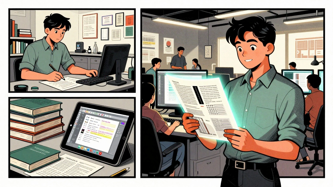 Комикс-стиль: путь дизайнера от колледжа до агентства с портфолио в руке и технологиями в фоне.