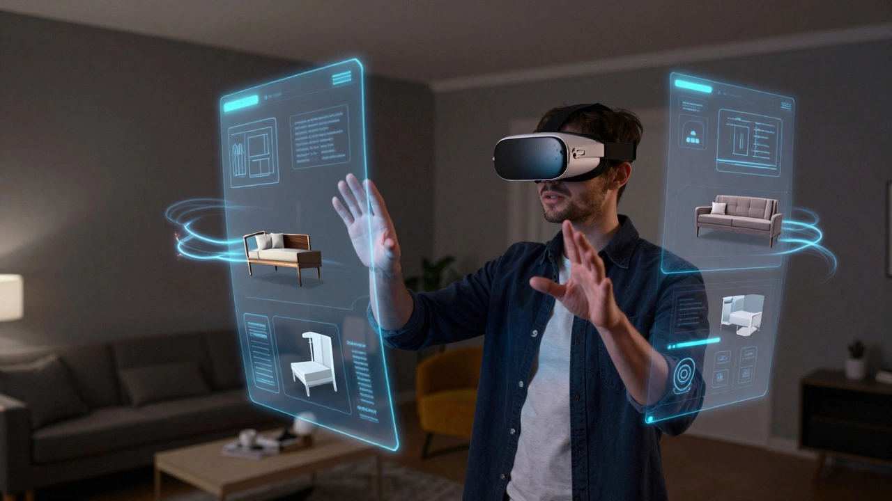 Person using AR glasses to visualize virtual furniture in a living room