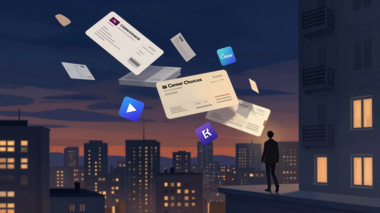 Плавающие бизнес-элементы над городом, один человек уходит от офиса к темному окну.