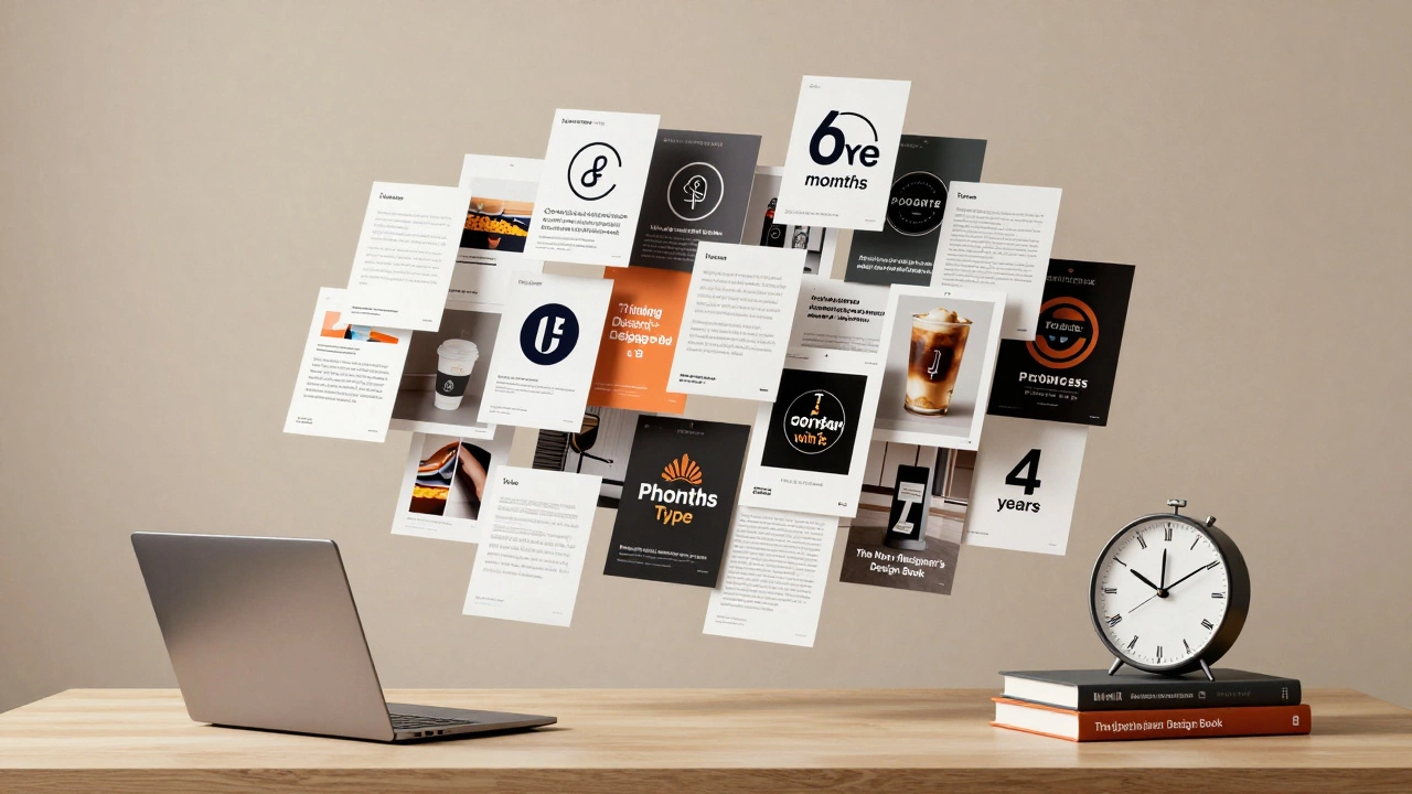 Портфолио в виде летающих карточек с проектами, над столом с книгами о дизайне и часами, символизирующими опыт.