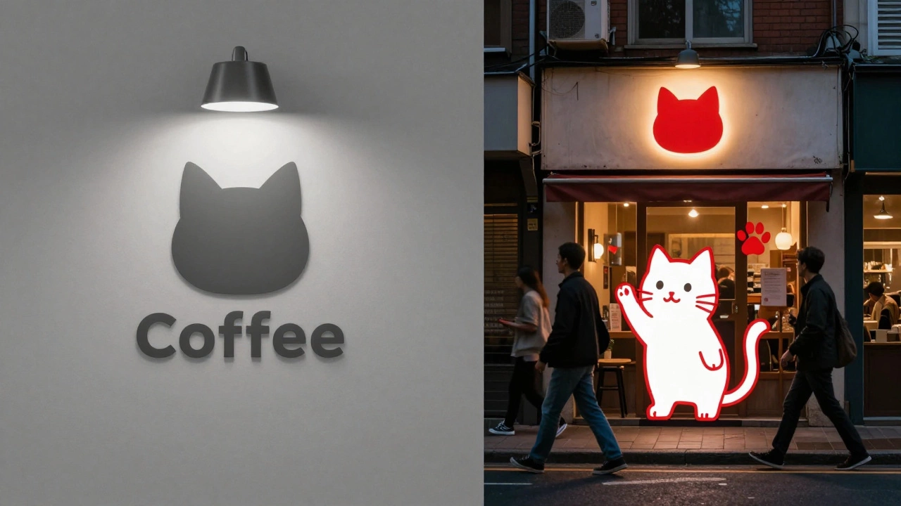 Сравнение минималистичного логотипа кофейни и устаревшего логотипа с котом, клиенты проходят мимо.
