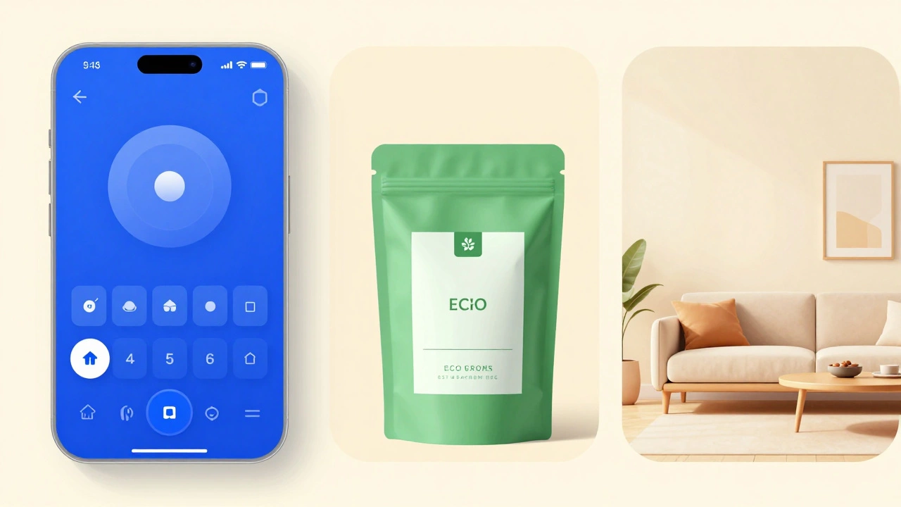 Три сцены: цифровой интерфейс, экологичная упаковка и минималистичный интерьер.