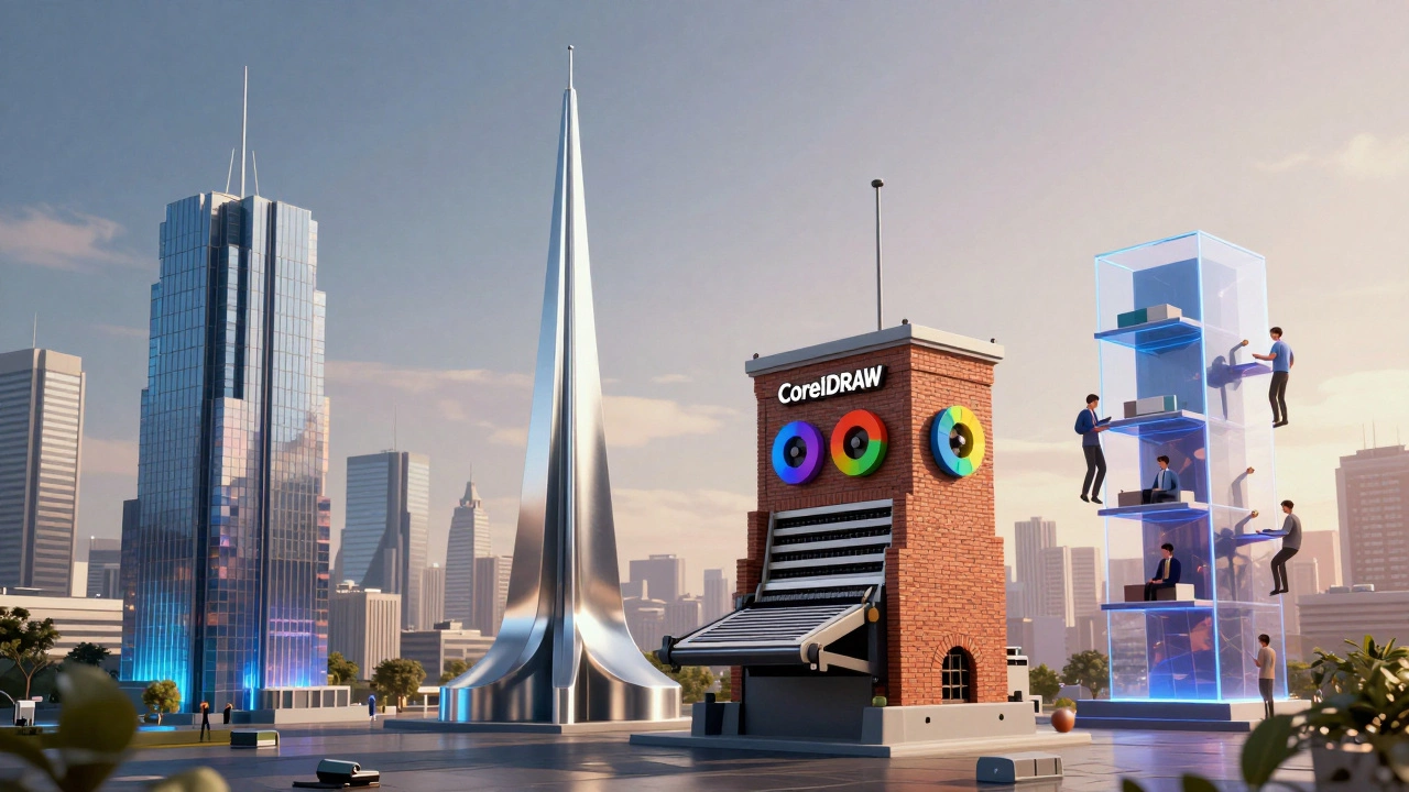 Четыре графических программы в виде монументов в футуристическом городе под рассветом: Photoshop, Illustrator, CorelDRAW и Figma.