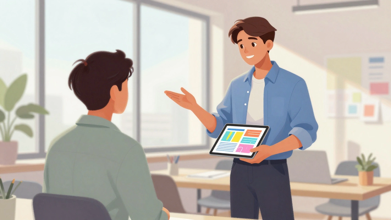 Дизайнер демонстрирует цифровой проект партнеру в светлом офисе.