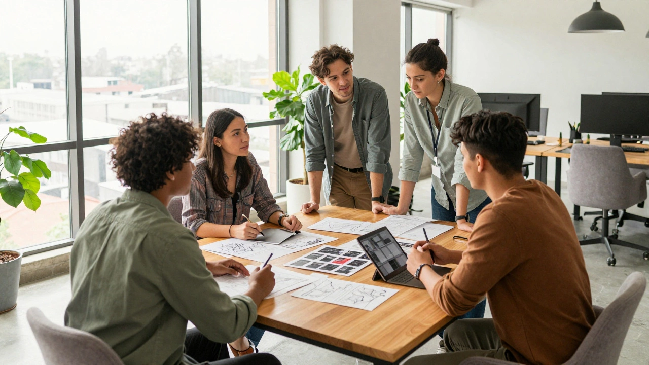 Команда дизайнеров работает вместе за столом в современном офисе