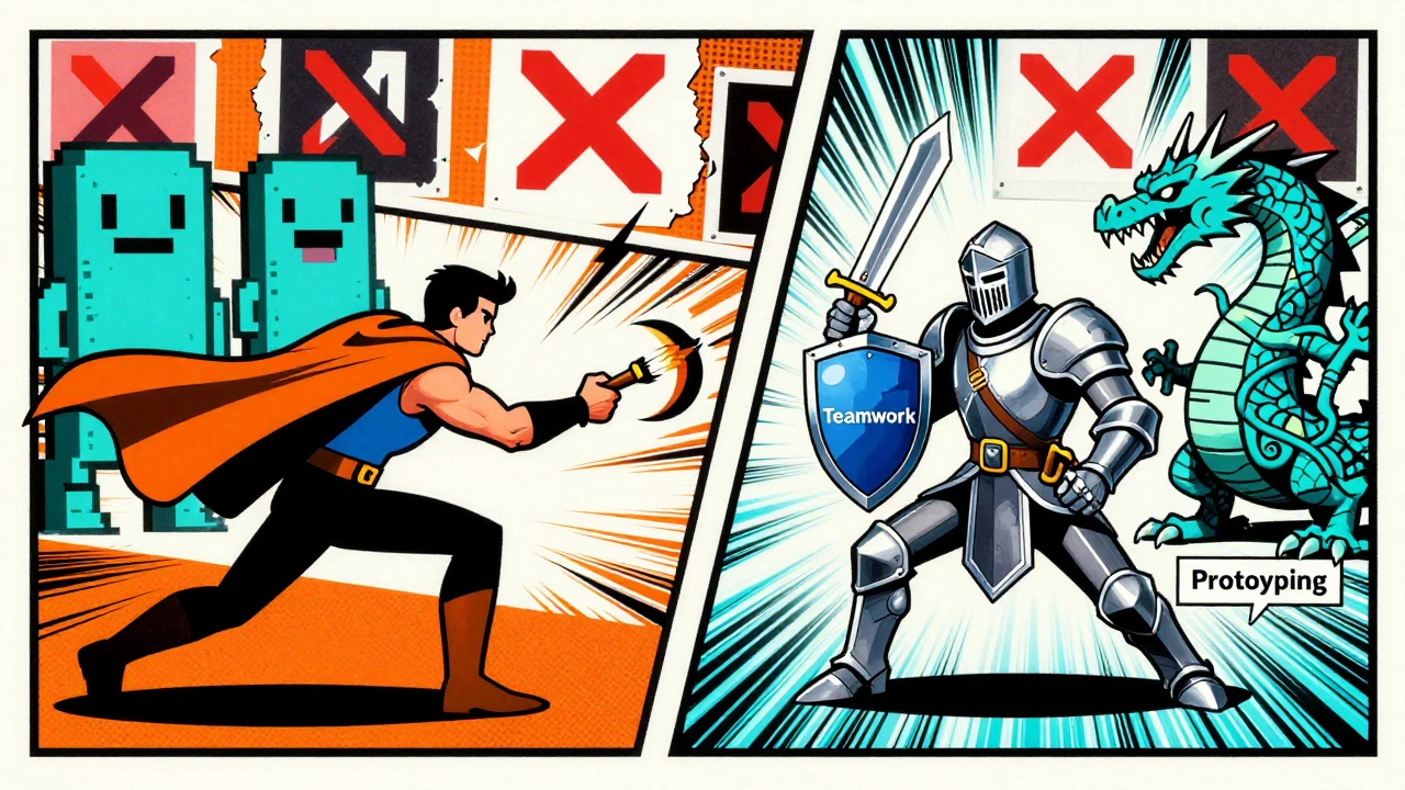 Комикс-сцена: герой с Photoshop сражается с пиксельными монстрами, а Figma-рыцарь побеждает код-драконов в стиле винтажной комикс-арт.