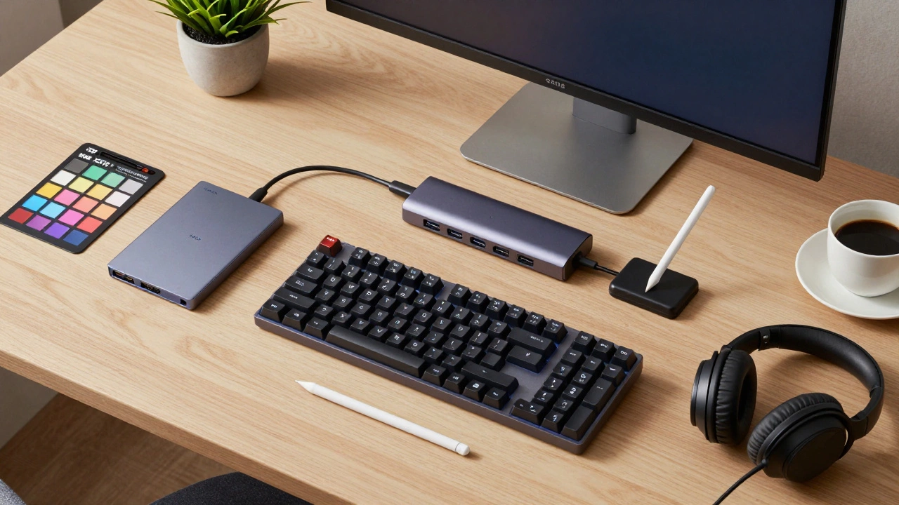 Набор профессиональных инструментов графического дизайнера: монитор, SSD, клавиатура, наушники и планшет.