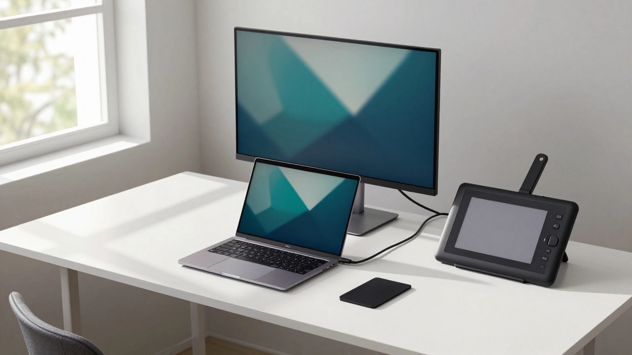 Рабочее место с внешним монитором и подключённым график-планшетом