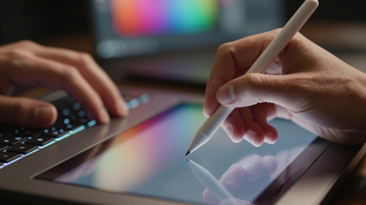 Рука держит стилус над экраном рядом с механической клавиатурой