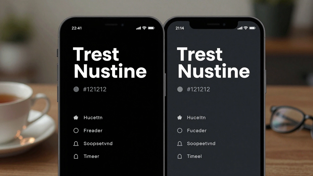 Сравнение двух темных режимов на экране смартфона: чистый черный фон с белым текстом и темно-серый фон с серым текстом.