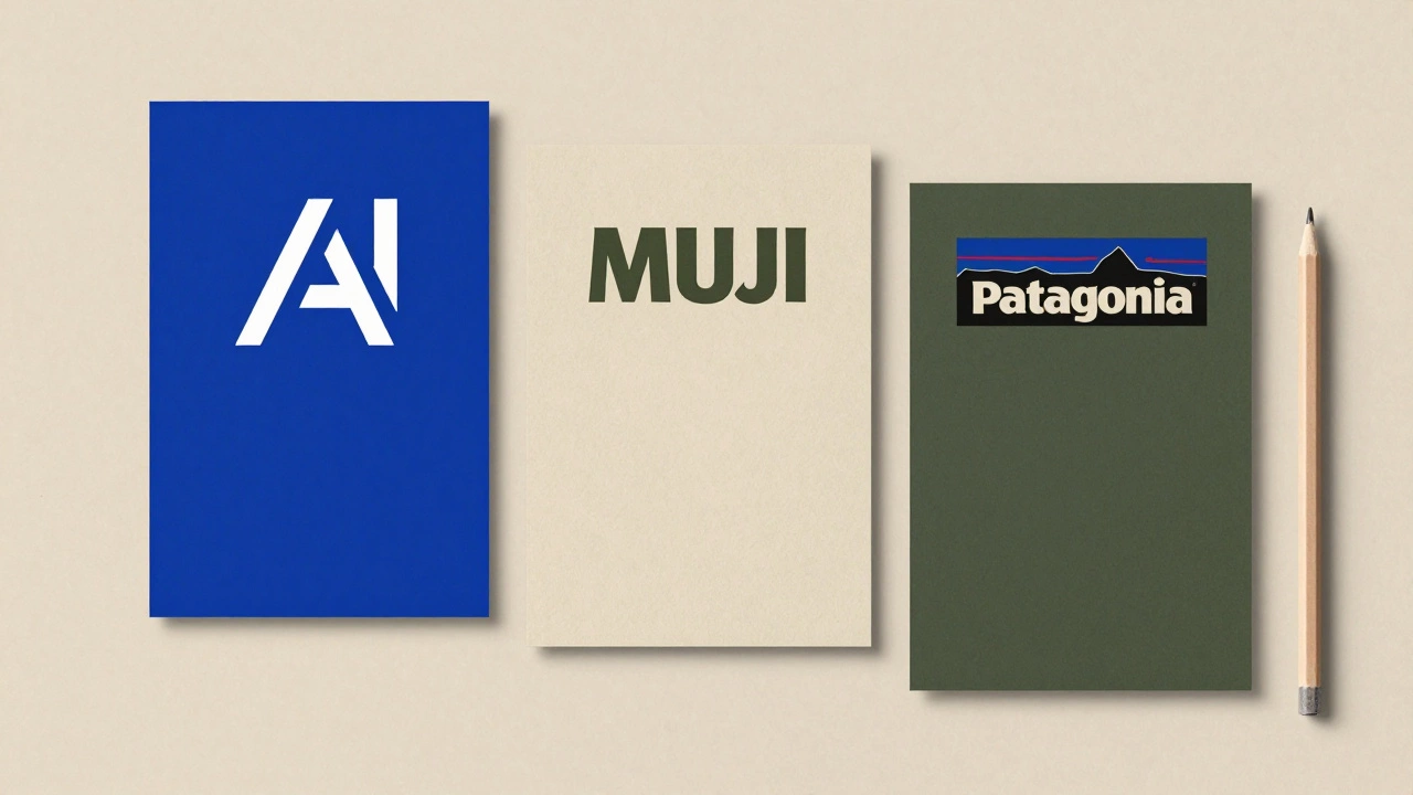 Три современных бренда в нейтральных цветах: глубокий синий, теплый бежевый и темно-оливковый на матовых текстурах.