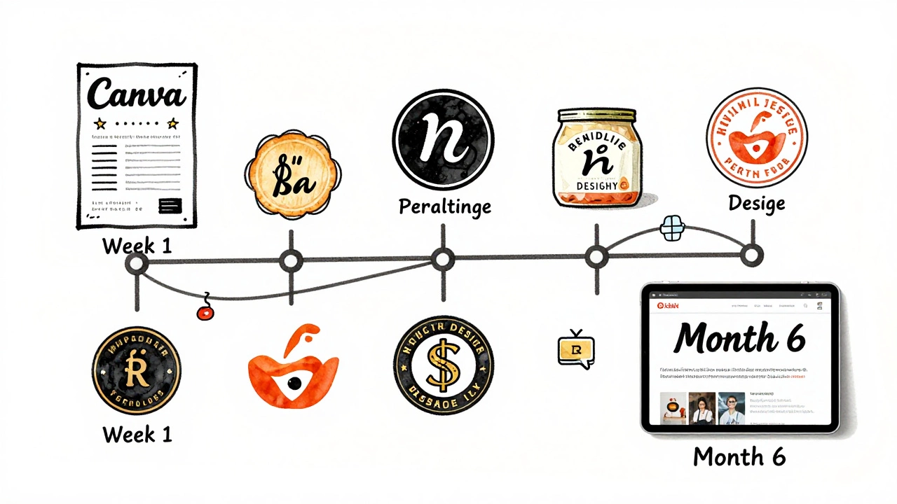 Временная шкала прогресса самодеятельного дизайнера от первых работ к профессиональному портфолио.