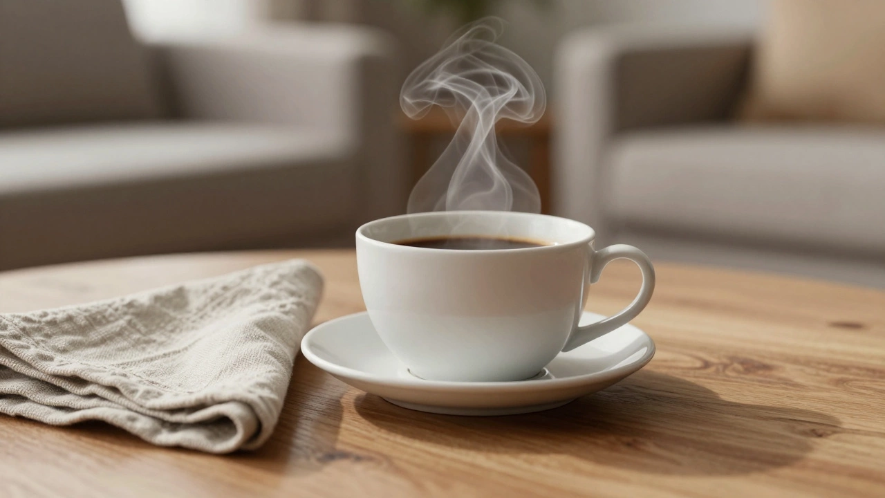 Детальный макро-рендер с паром от кофе и текстурами ткани, демонстрирующий профессиональный уровень