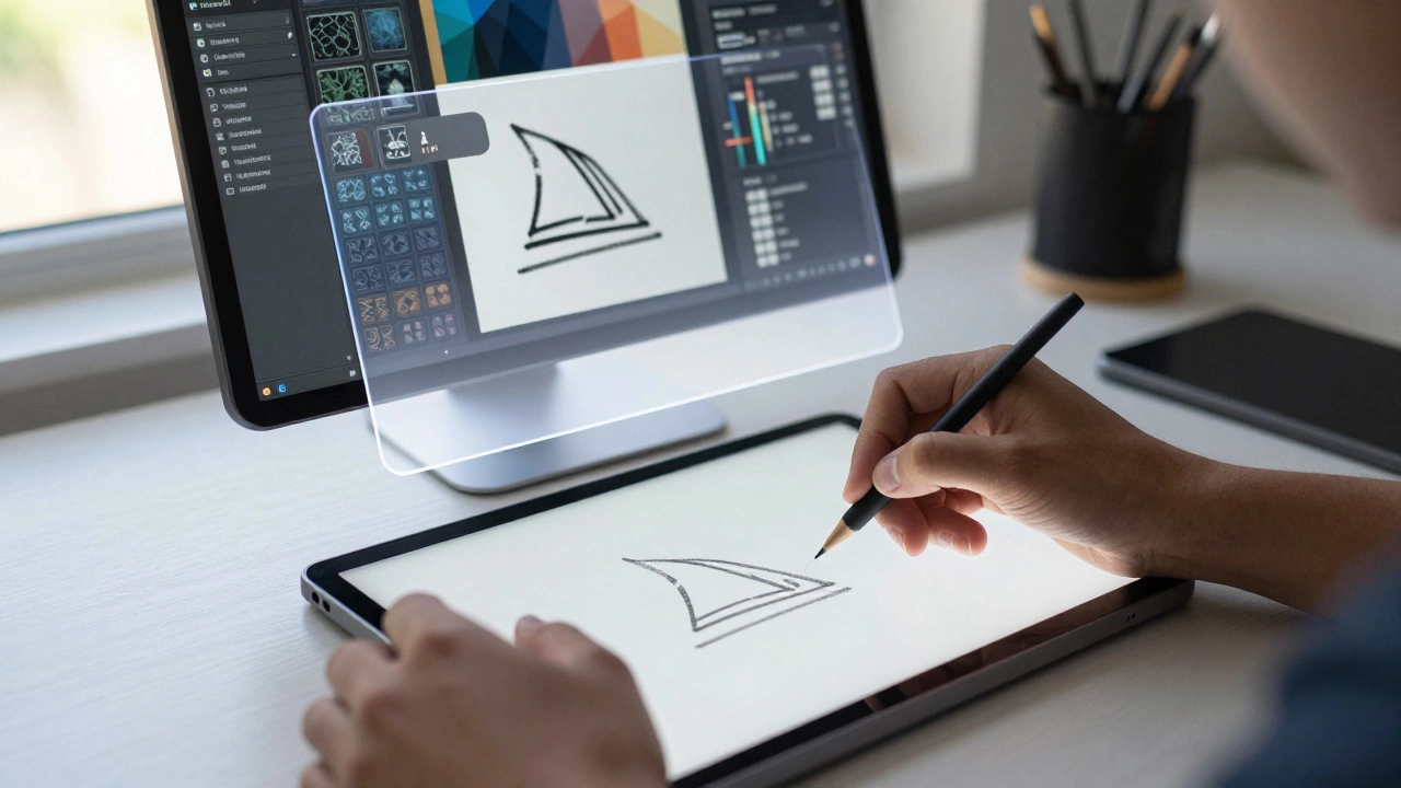 Дизайнер использует планшет и нейросети для создания логотипа и генерации концептов