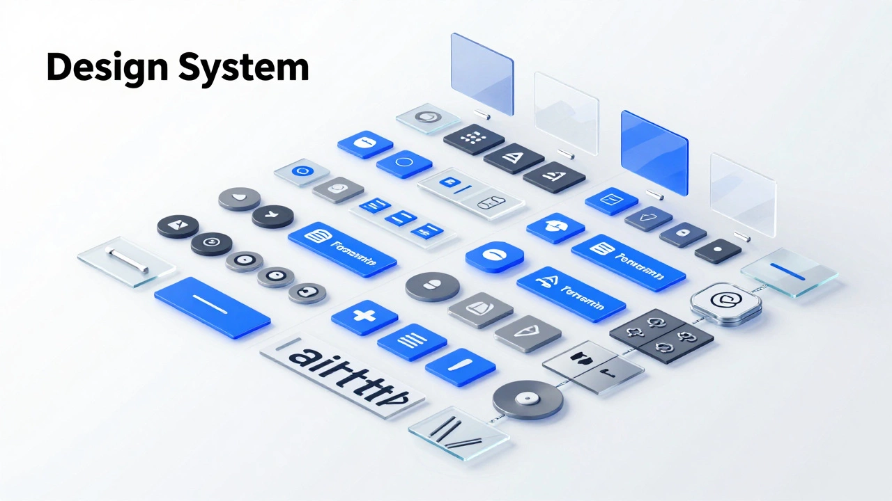 Изометрическая 3D-визуализация компонентов масштабной дизайн-системы для приложения