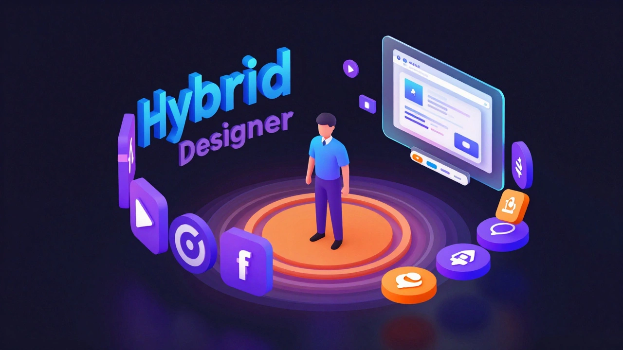 Изометрическая иллюстрация гибридного дизайнера, объединяющего графику и UX/UI