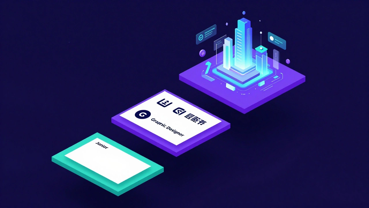 Изометрическая иллюстрация карьерного роста дизайнера от джуна до арт-директора