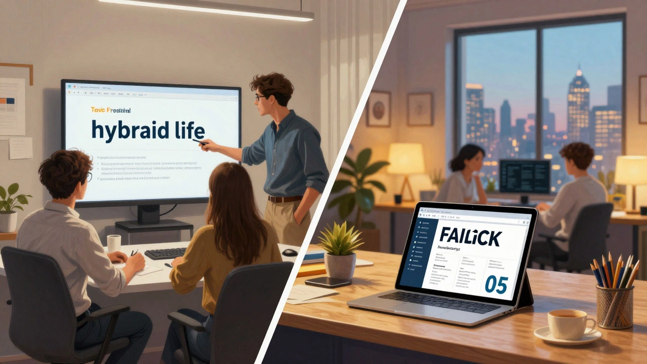 Коллаж, изображающий совмещение работы в офисе и фриланса