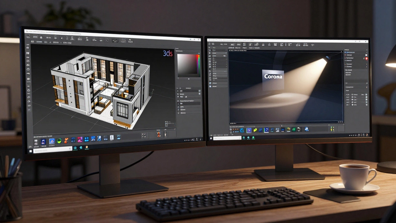 Рабочее место 3D-визуализатора с открытыми программами 3ds Max и Corona Renderer
