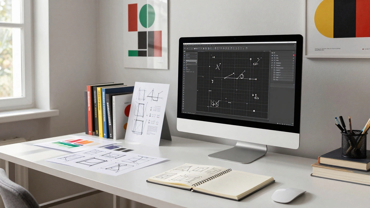 Рабочее место дизайнера с монитором, displaying интерфейс с модульной сеткой и скетчами
