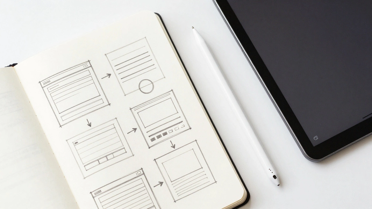 Ручные наброски интерфейса сайта в блокноте рядом с цифровым планшетом