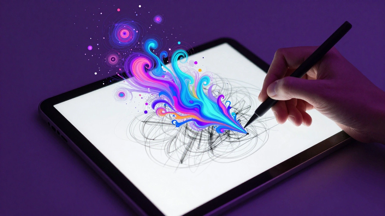 Рука дизайнера с планшетом и эффекты нейросети, помогающие в творчестве