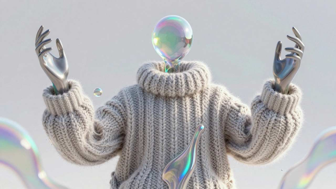 Сюрреалистичный персонаж с крошечной головой и телом из жидкого стекла в свитере