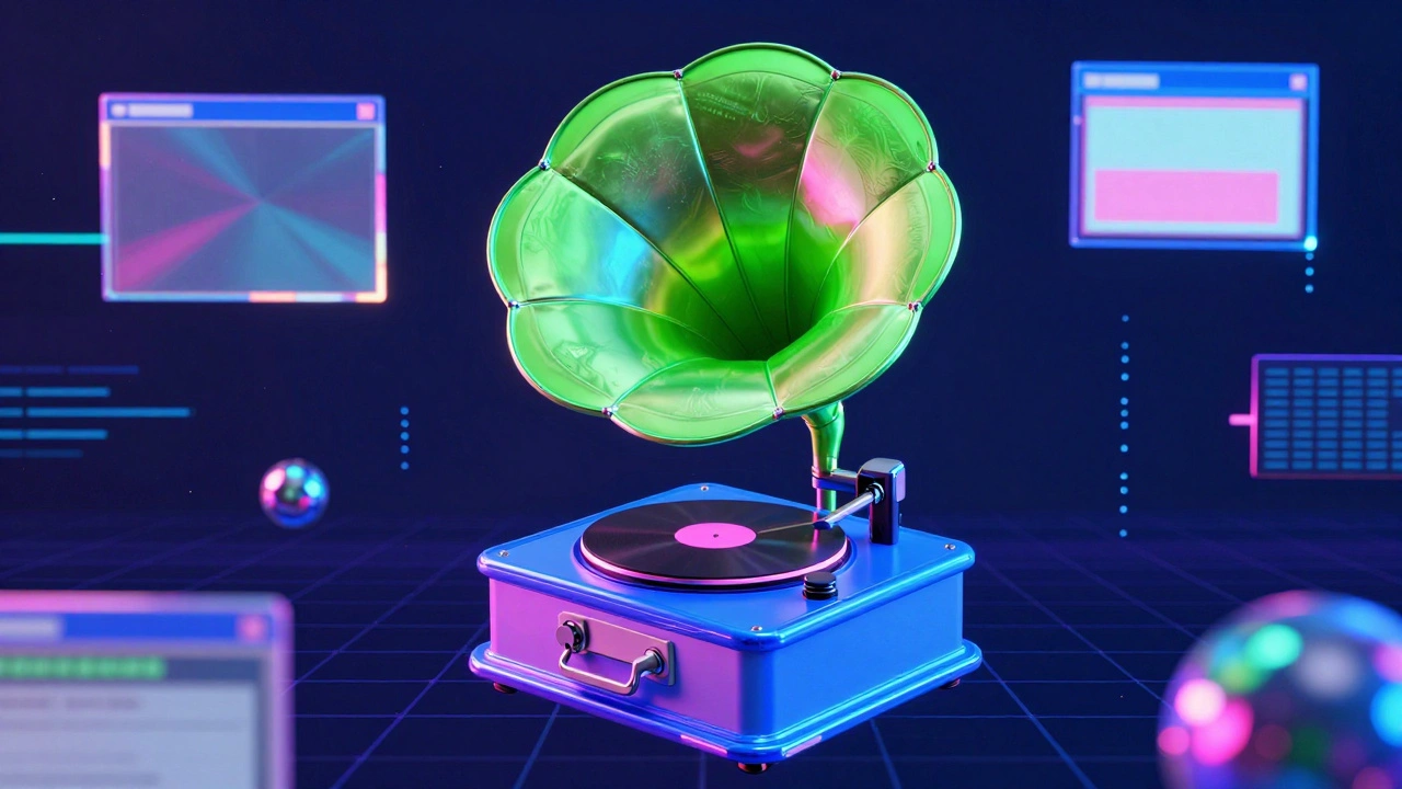 Винтажный граммофон в неоновом киберпространстве в стиле Y2K