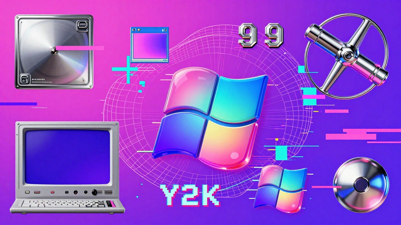 Коллаж в стиле Y2K с хромом, пикселями и розово-голубыми градиентами