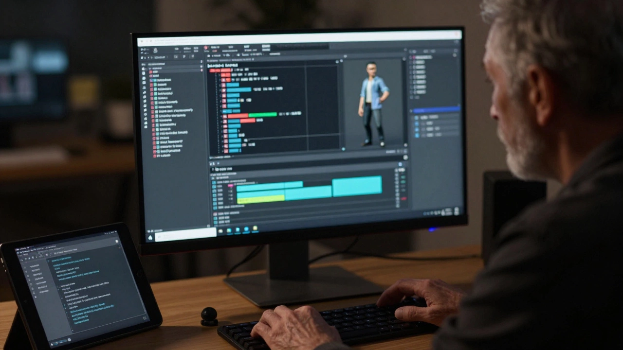 Опытный 3D-визуализатор работает над сложным проектом в домашней студии ночью