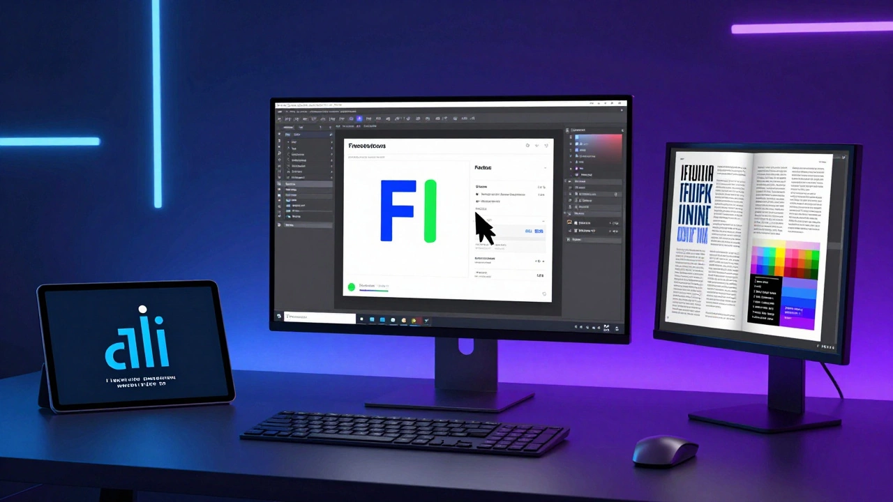 Рабочее место дизайнера с интерфейсами Figma, Illustrator и InDesign